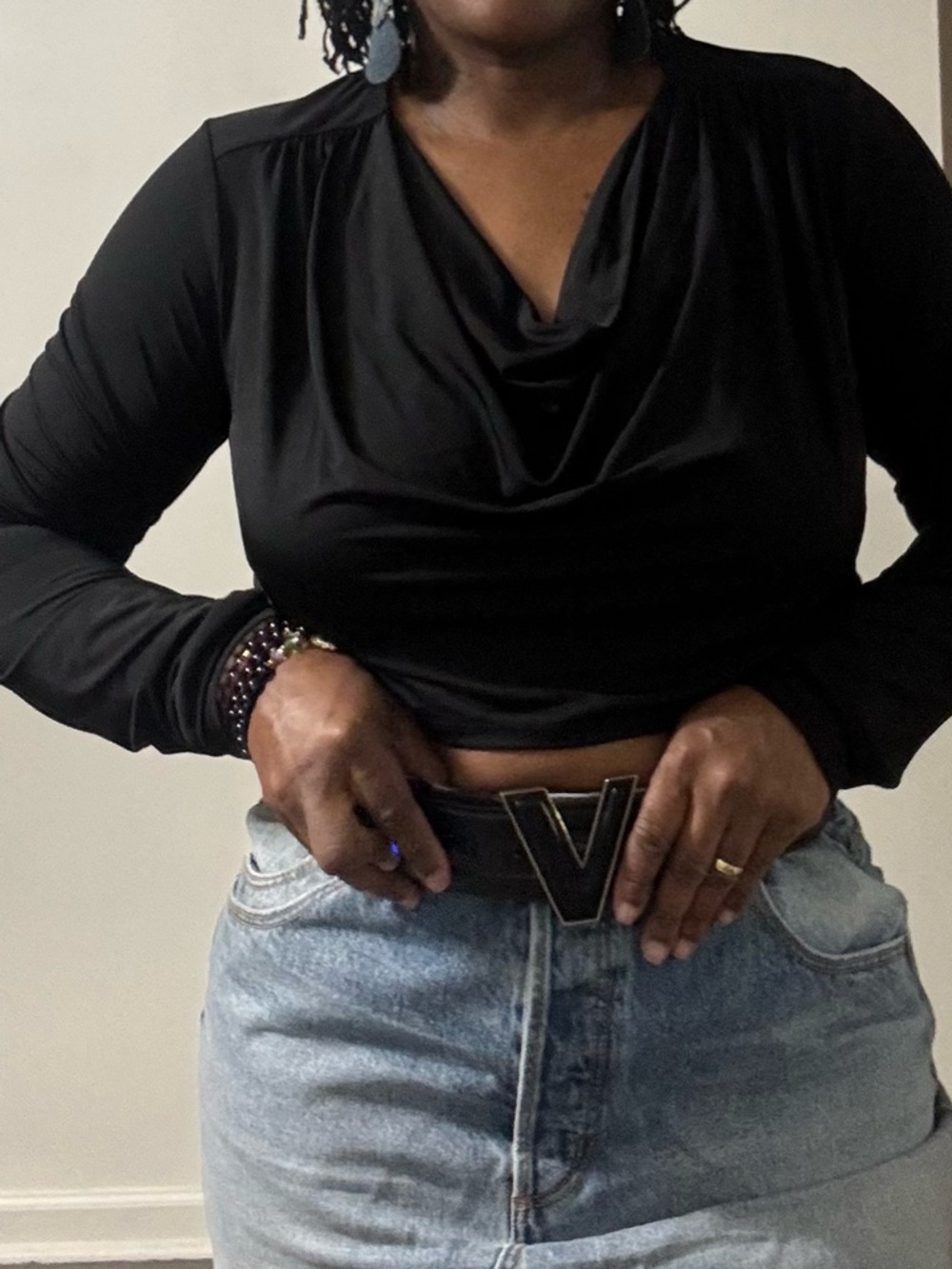 Black Draped Cowl Neck Long-Sleeve Top